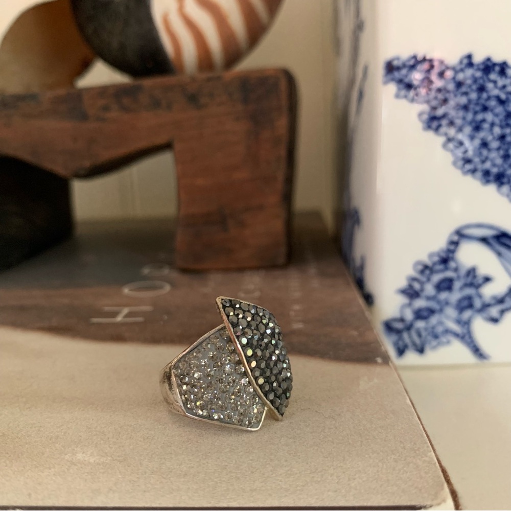 Vintage JCM Brass Ring Silver Cocktail Gray Crystals